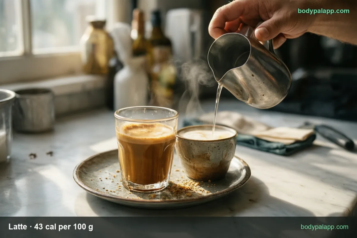 Two glass cups of latte with foam on a wooden table, clear unlabeled bottle behind, steam; chips 1 cup 103 cal and 16 fl oz 206 cal