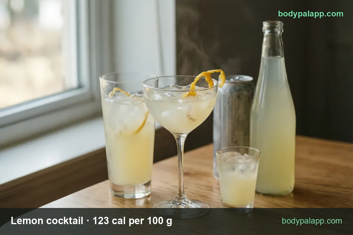 Four pale lemon cocktails on wood: tall glass with ice, coupe with lemon twist, low glass, cloudy bottle; 225 g 277 cal, 120 g 148 cal.