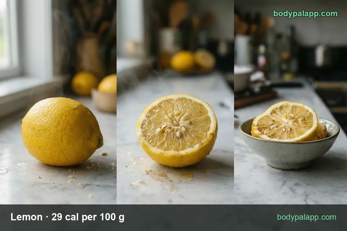 Three marble panels: whole lemon, halved lemon, bowl with a lemon half and a slice — 1 lemon (58 g) 17 cal, 1 wedge (7 g) 2 cal