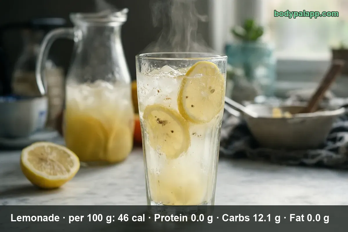 Tall glass of lemonade with ice and lemon slices, a pitcher of lemonade and half a lemon behind it