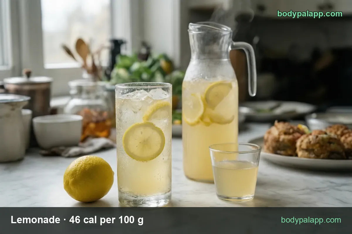 Glass of lemonade with ice, a pitcher with lemon slices and a small glass; chips read 1 cup 114 cal and 12 fl oz 171 cal