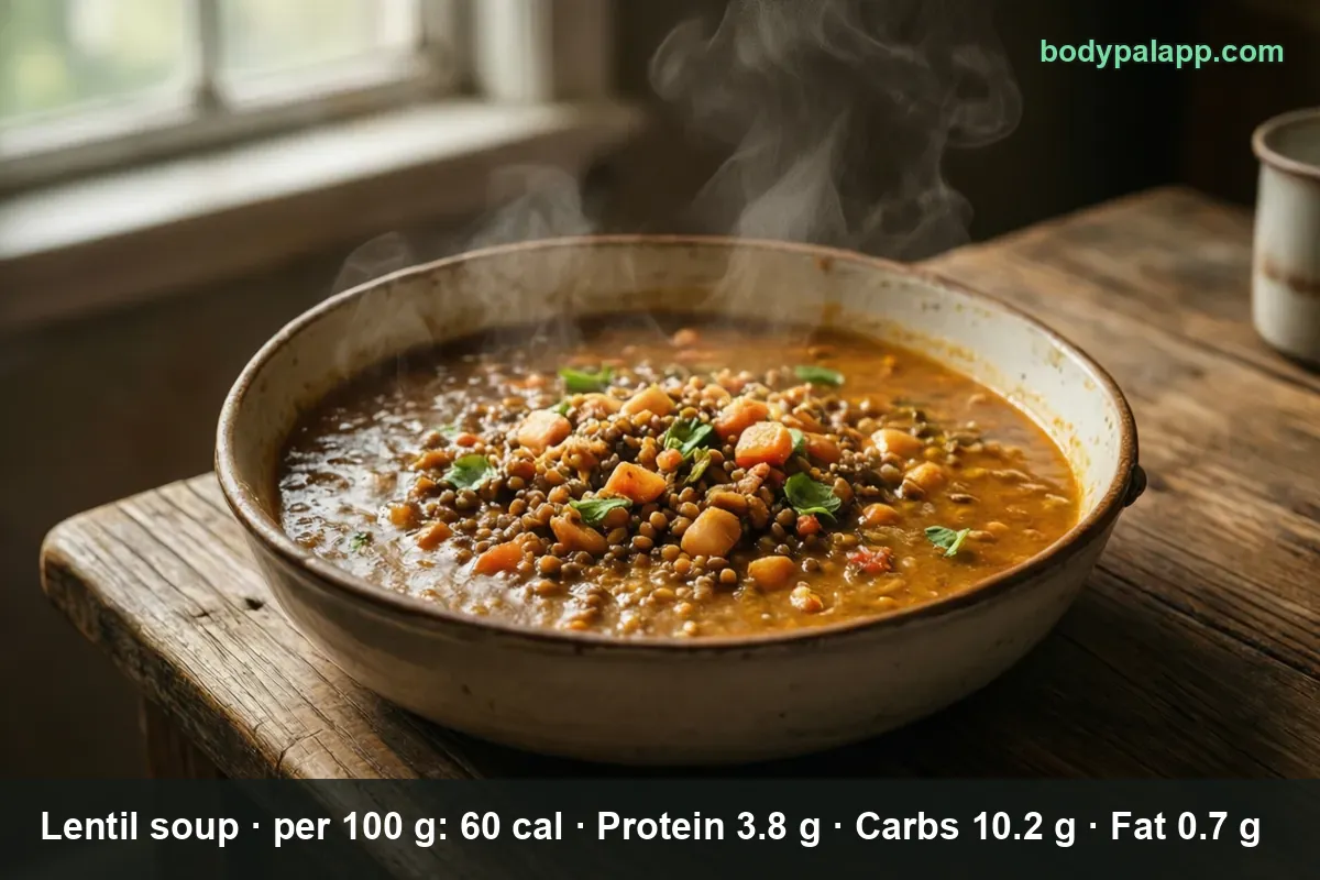 Ceramic bowl of brown-orange lentil soup with carrot pieces and fresh green leaves, steam rising.