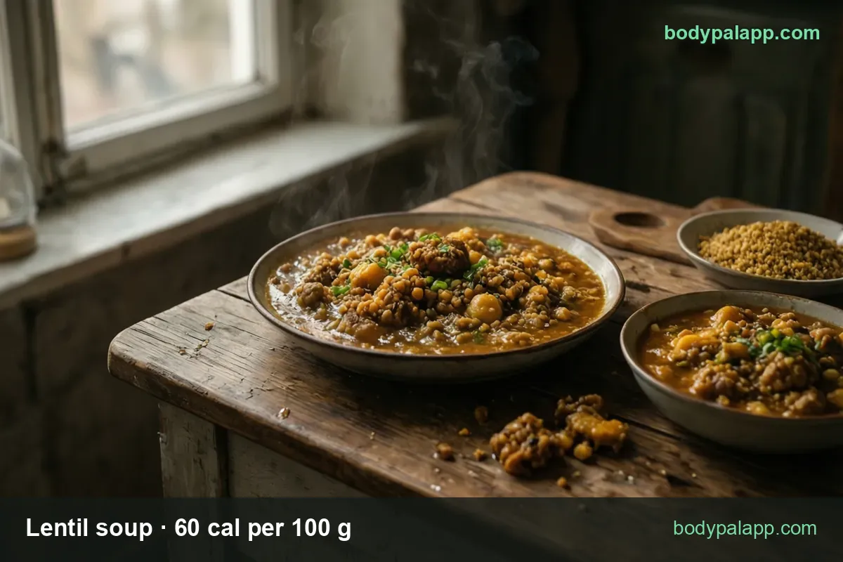 Shallow plate of thick lentil soup with potato and onion, small bowl beside it and dry lentils; chips show 1 cup 153 cal, 1/2 cup 77 cal.
