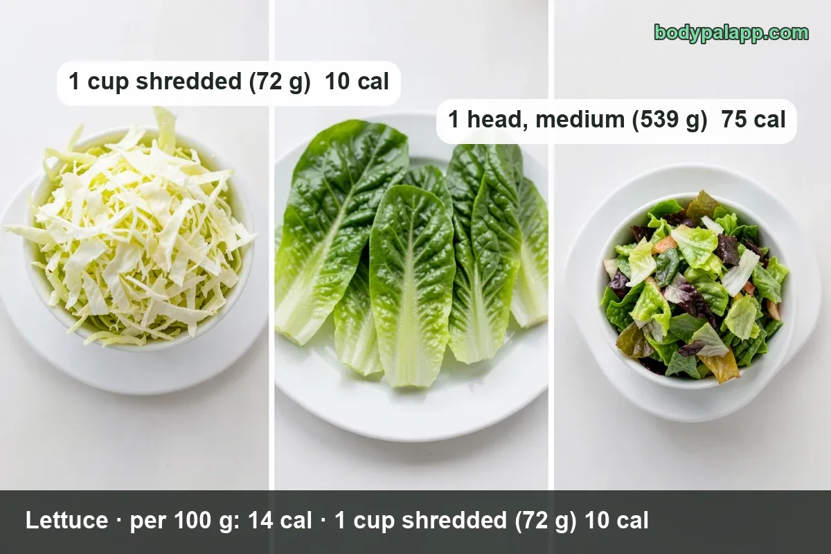 Two plates of torn green and red lettuce leaves with a bowl of whole leaves behind — 1 cup shredded (72 g) 10 cal, 1 medium head (539 g) 75 cal