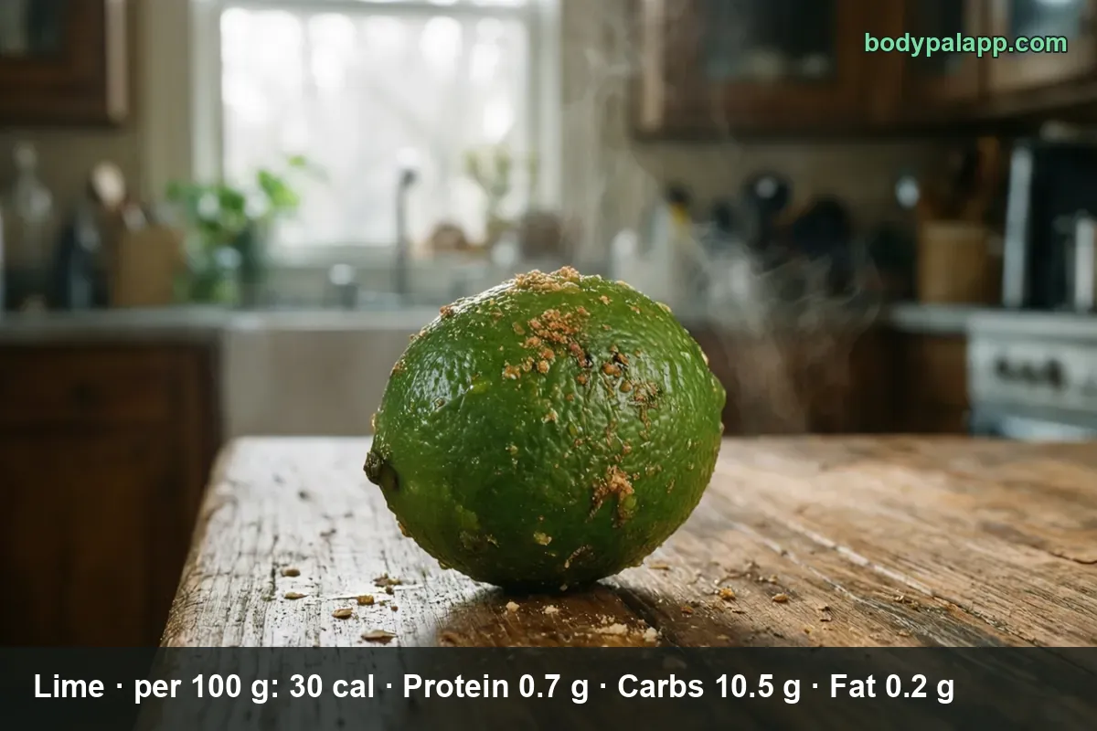 Close-up of a whole fresh lime on a wooden board
