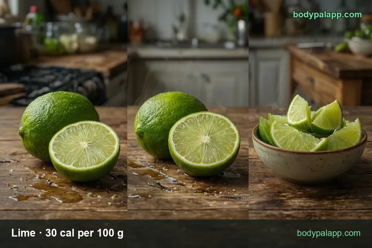 Whole lime, a halved lime and a bowl of lime slices on wood, with 1 medium lime 67 g and half a lime 33.5 g servings