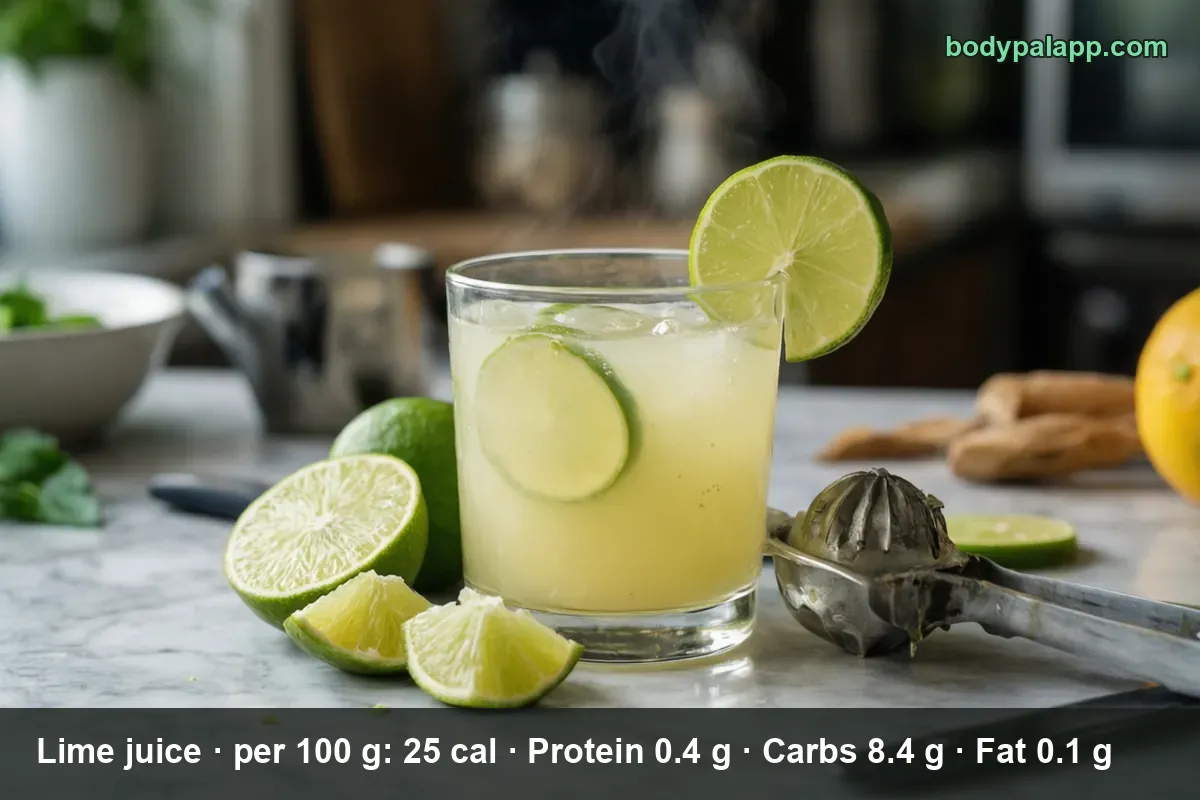 Glass of lime juice with ice and two lime wedges, a lime wheel on the rim, two lime halves and two wedges beside