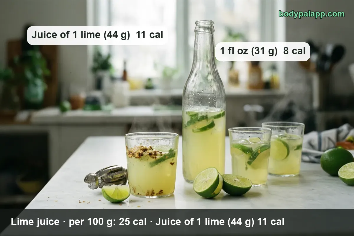 Bottle of lime juice, three glasses with lime wedges and ice, a whole lime, two halves and a citrus press: 1 lime 11 cal, 1 fl oz 8 cal