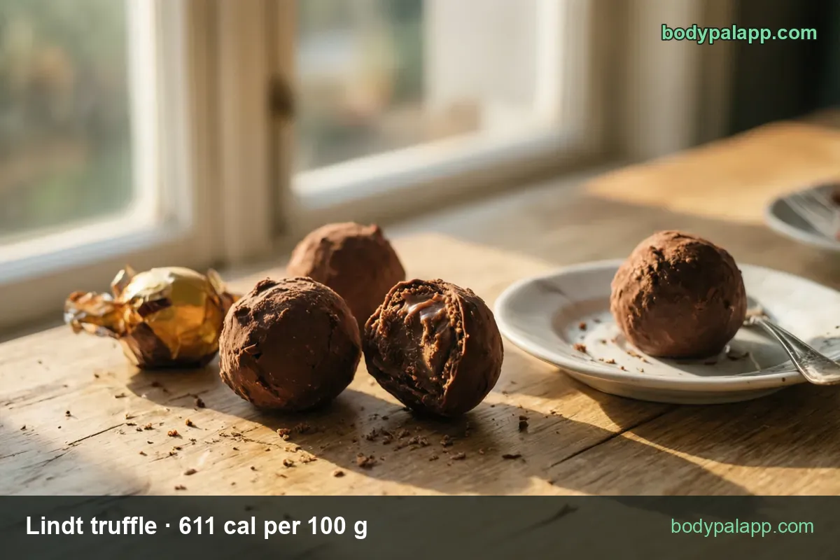 Three cocoa-dusted truffles on wood, one bitten open, one on a saucer; chips: 3 balls (36 g) 220 cal and 1 ball (12 g) 73 cal.