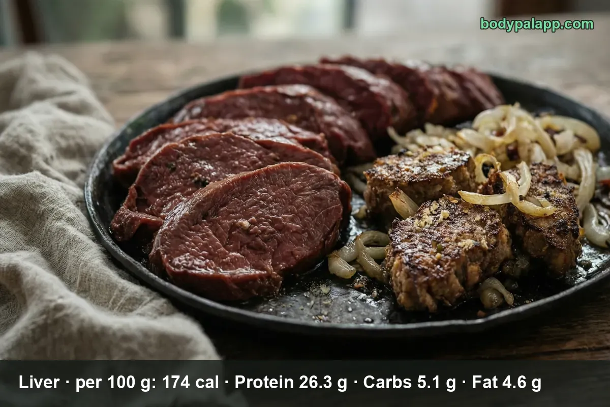 Black plate with four raw beef liver slices and three breaded pan-fried liver pieces with onions.