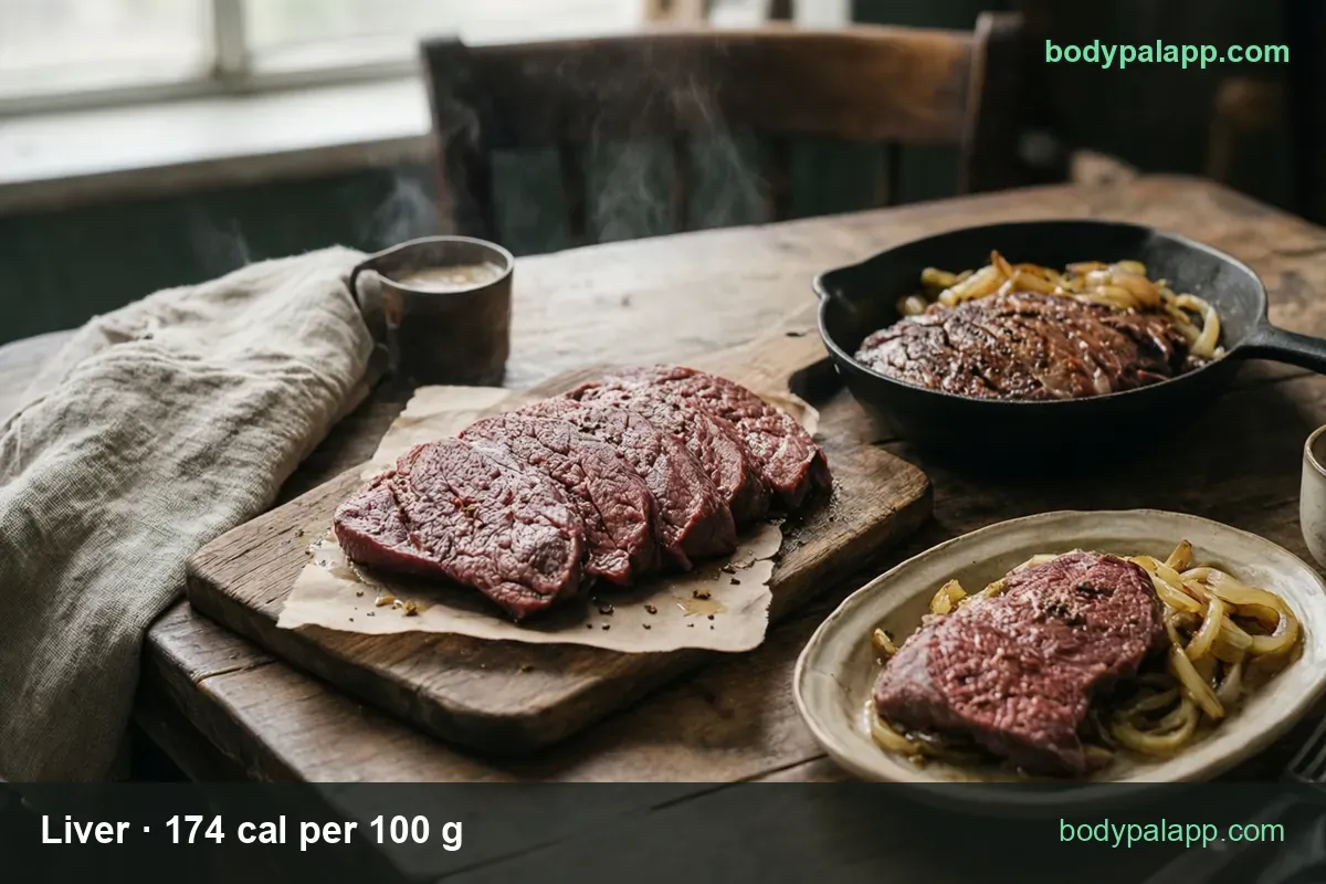 Raw liver slices, a cast-iron pan of fried liver with onions and a plated slice: 1 slice (85 g) 148 cal, 1 cup (125 g) 218 cal.