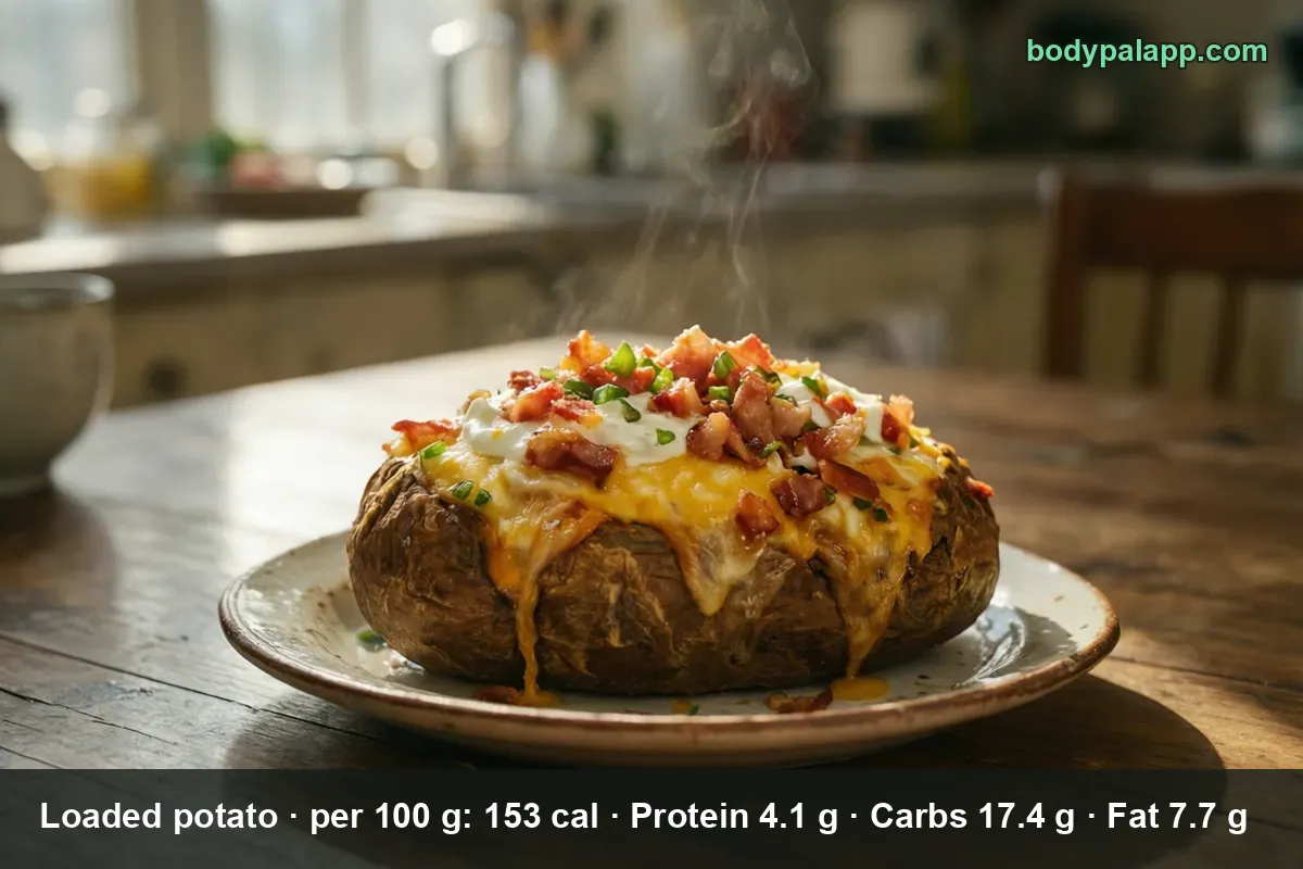 Large baked potato loaded with melted cheddar, bacon, sour cream and green onion on a plate, steam rising