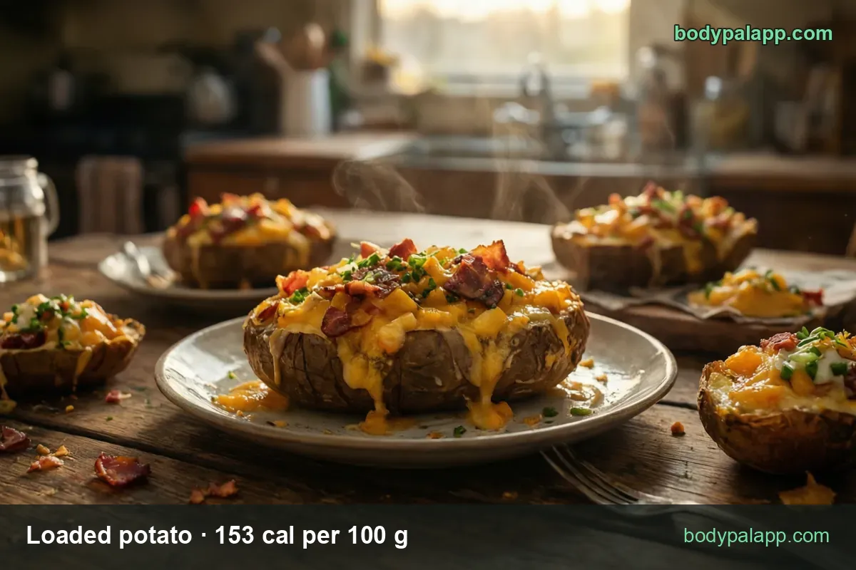 Five loaded baked potatoes with cheddar, bacon, sour cream and onion; 1 medium 315 g is 482 cal, 1 large 445 g is 681 cal