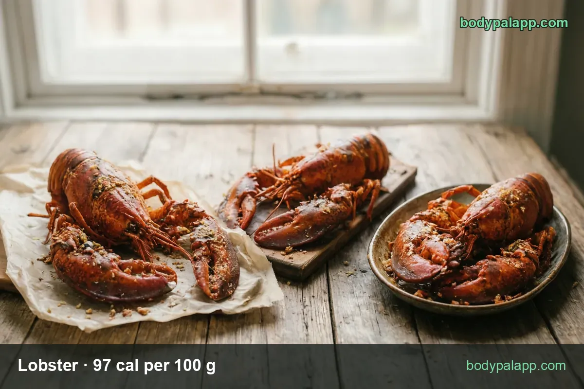 Three cooked lobsters with seasoning on parchment, a board and a ceramic dish; 1 lobster (200 g) 194 cal, 1 cup (135 g) 131 cal