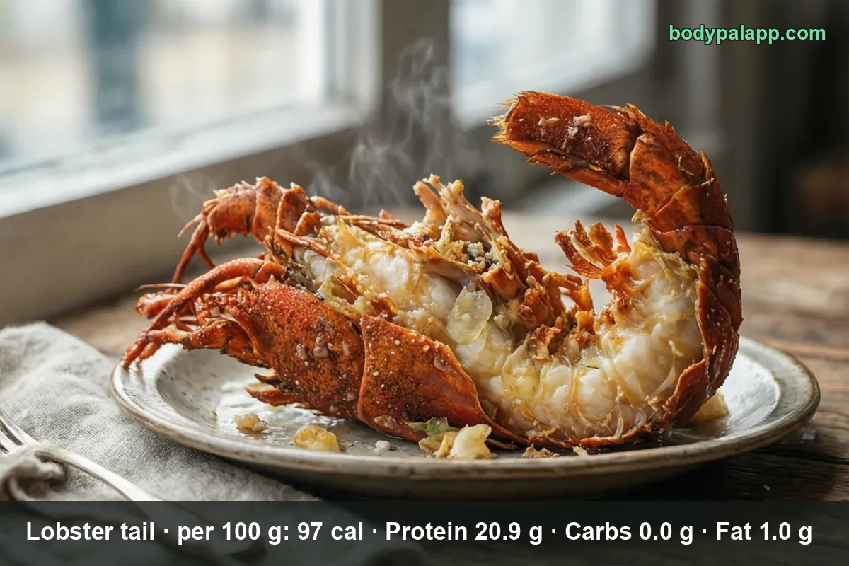 Whole cooked lobster with claws and head, split along the back, tail curled up with white meat exposed.