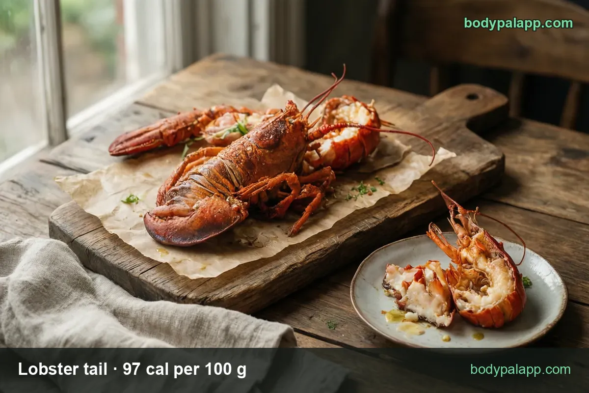 Board with a whole boiled lobster and a halved one, plate with two split lobster tails; chips 1 tail 100 g 97 cal and 1 cup 135 g 131 cal.