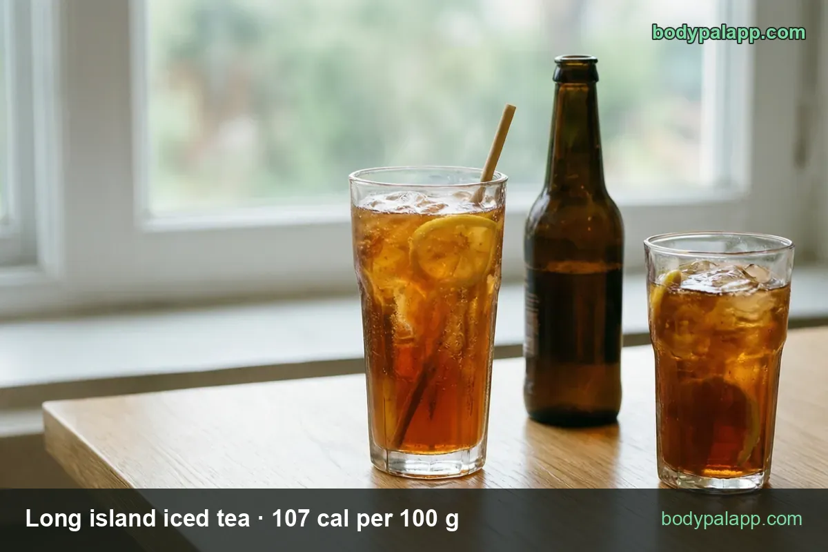 Two amber Long Island iced teas with ice and lemon, tall and short, beside a brown bottle; 1 drink 225 g 241 cal, 1 fl oz 30 g 32 cal.