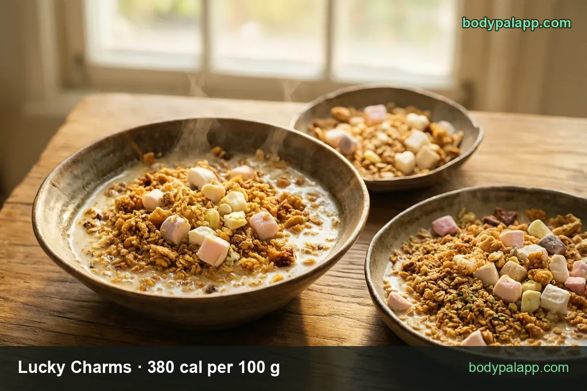 Three bowls of cereal with milk and pastel marshmallows; chips show 1 cup (36 g) 137 cal and 1 bowl (28 g) 106 cal