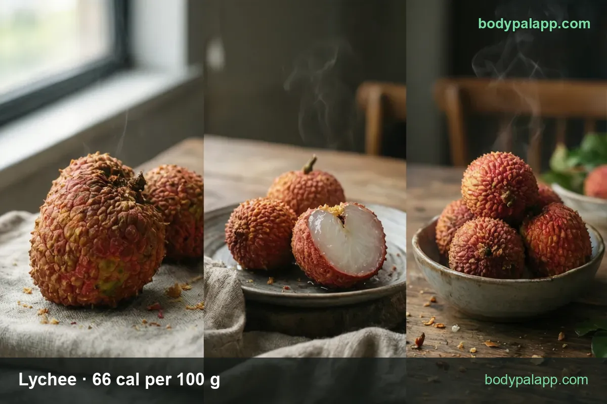 Whole lychees on linen, one halved showing white flesh, and a bowl of five: 5 lychees (50 g) 33 cal, 1 cup (190 g) 125 cal