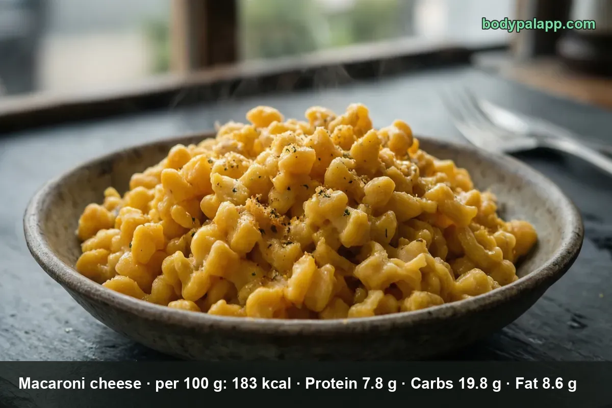 Baked macaroni cheese in a dish - 183 calories per 100 g