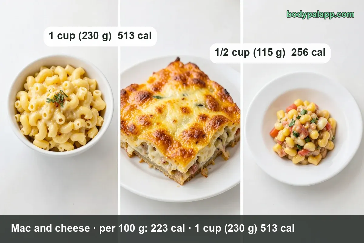 Three servings of mac and cheese with green herbs; 1 cup 230 g 513 cal and 1/2 cup 115 g 256 cal