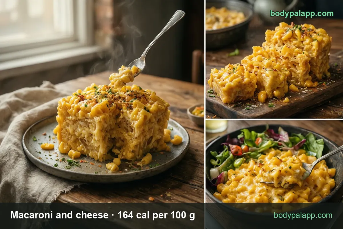 Baked macaroni and cheese square with a fork, cut squares on a board, creamy bowl with salad; 1 cup 310 cal, 1/2 cup 155 cal