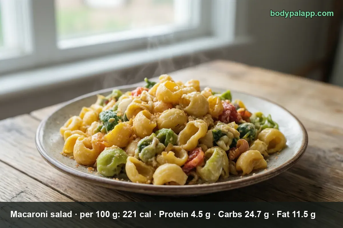 Plate of creamy shell pasta salad with broccoli, tomatoes and crumbs, steam rising