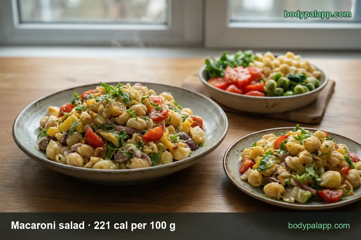 Ceramic bowl of creamy shell macaroni salad with cherry tomatoes, red onion and herbs, small plate with a second helping; 1 cup 451 cal, 1/2 cup 225 cal