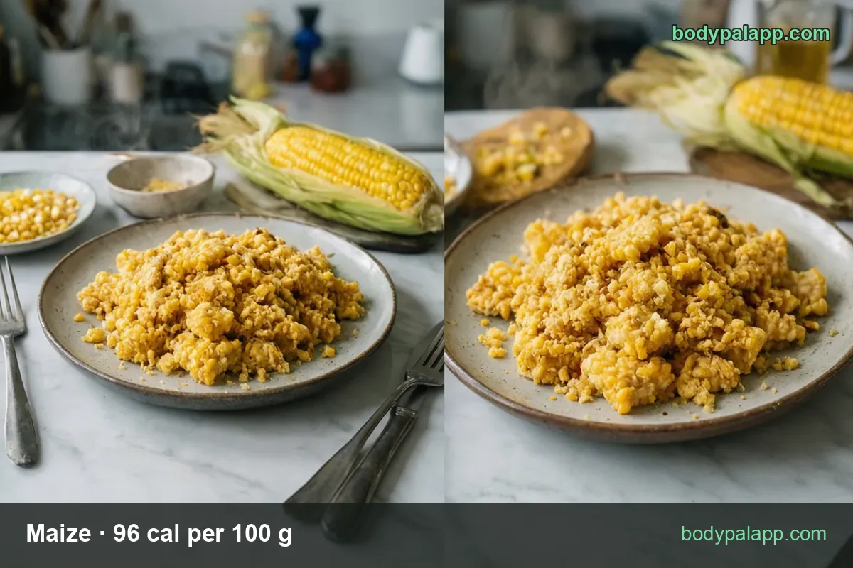 Plate of cooked maize kernels with fork and knife and a whole cob behind: 1 cup cut (149 g) 143 cal, 1 ear medium (103 g) 99 cal