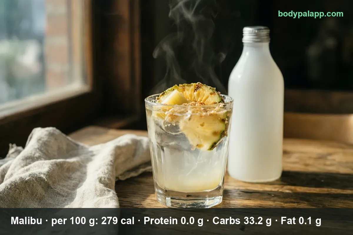 Glass of Malibu coconut rum over ice with a pineapple slice beside a plain white bottle on a linen cloth