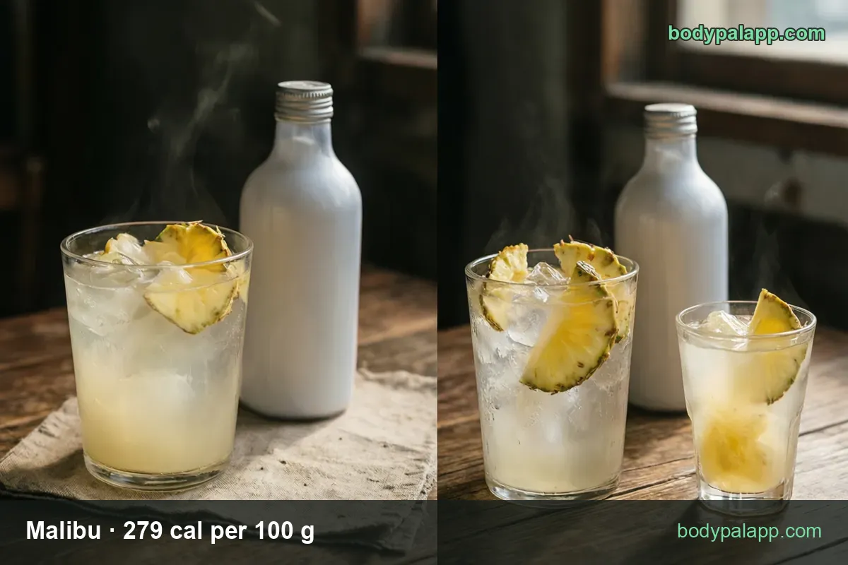 Two iced Malibu drinks with pineapple slices next to the white bottle, marked 1 shot 45 g 126 cal and 1 fl oz 30 g 84 cal