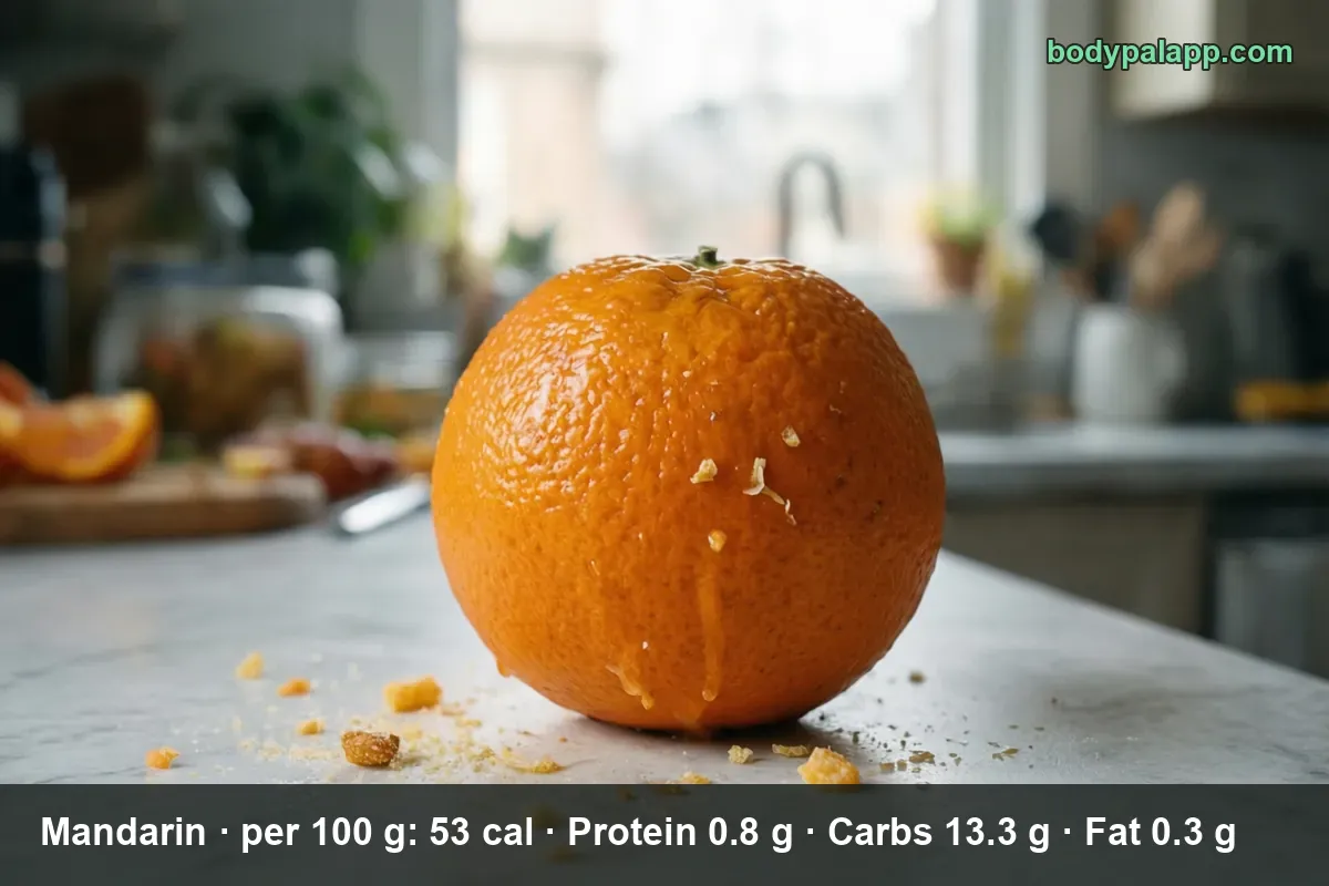 Close-up of one whole mandarin on a marble counter with juice droplets and bits of peel