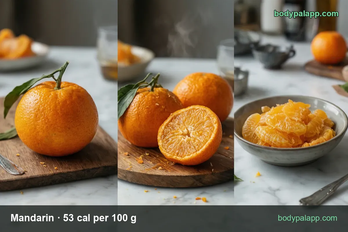 Mandarins whole with leaves, one halved, and a bowl of peeled segments; 1 medium 88 g 47 cal, 1 cup 195 g 103 cal