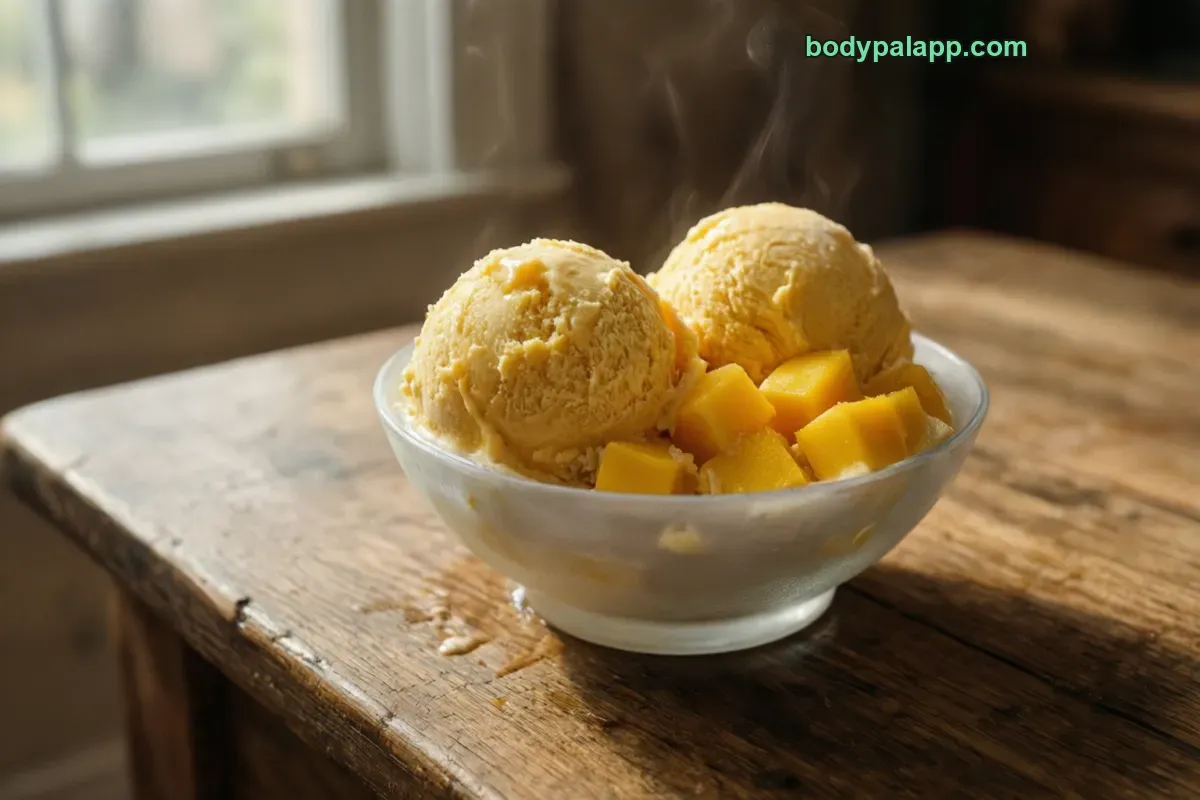 Mango ice cream, packaged, per label