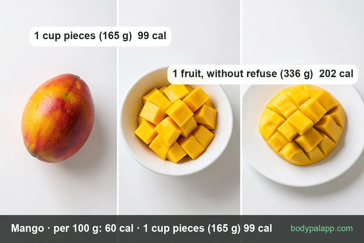 Hedgehog-cut mango cubes on green leaves, labeled 1 cup pieces 165 g 99 cal and 1 fruit 336 g 202 cal