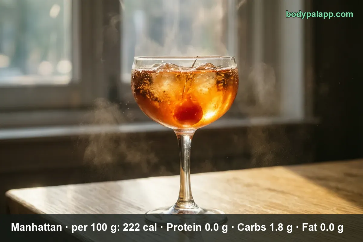 Coupe glass of amber Manhattan cocktail with ice and a maraschino cherry