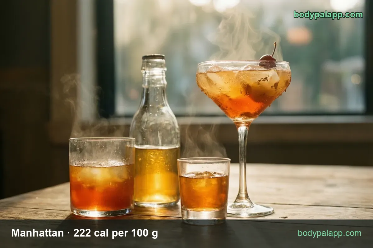 Coupe of amber Manhattan with ice and cherry, rocks glass with ice, small glass and unlabeled bottle; 1 drink 266 cal, 1 fl oz 67 cal