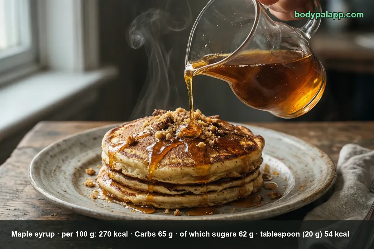 Maple syrup poured from a jug - 54 calories per tablespoon