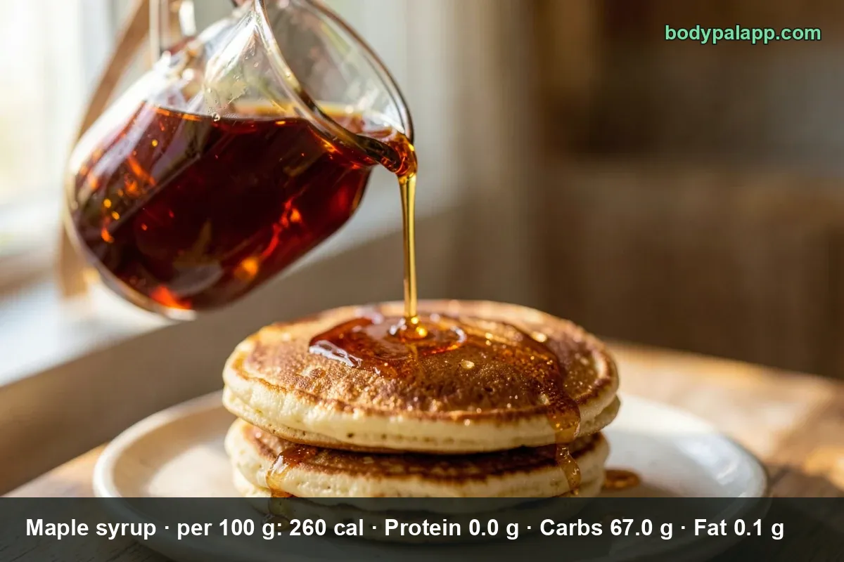 Maple syrup poured from a glass jug over a close-up stack of three pancakes with a light dusting and rising steam