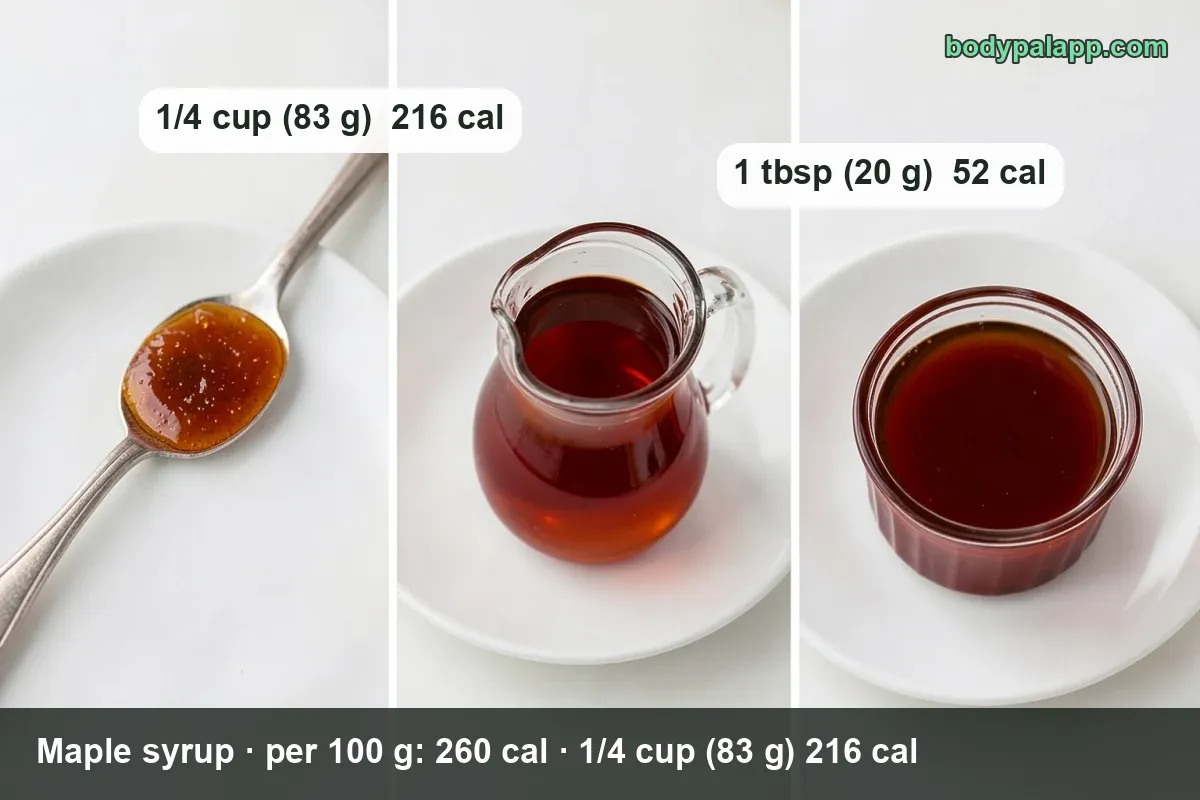 Maple syrup poured over the middle of three pancake stacks, a glass of syrup beside them; 1/4 cup 216 cal and 1 tbsp 52 cal