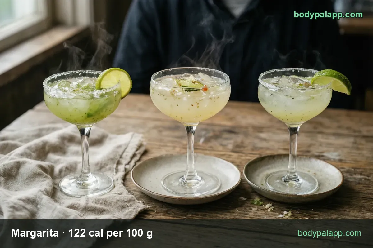 Margarita in a coupe glass with a salted rim, with chips for 1 drink (225 g) 275 cal and 4 fl oz (120 g) 146 cal