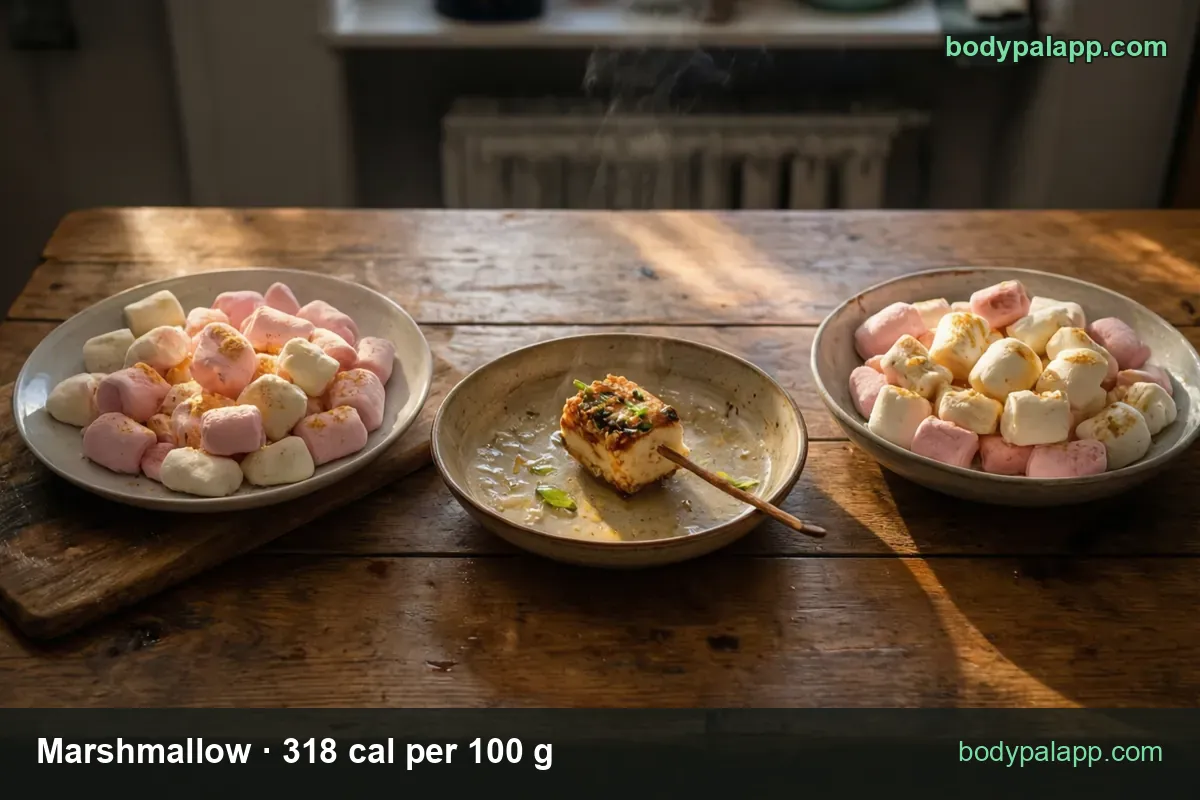 Plate of about 12 pink and white marshmallows next to a bowl of about 15, with 1 cup (40 g) 127 cal and 1 piece (8 g) 25 cal