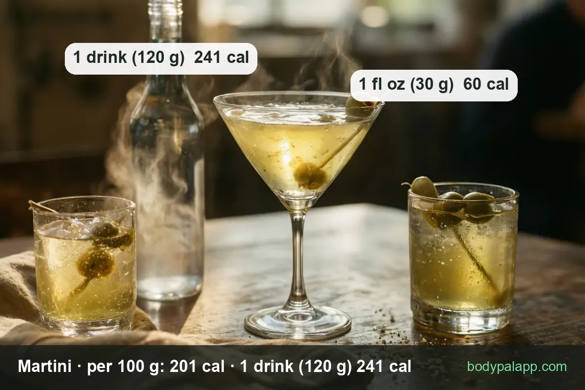Martini glass with two olives between two rocks glasses on a wooden table; chips read 1 drink (120 g) 241 cal and 1 fl oz (30 g) 60 cal.
