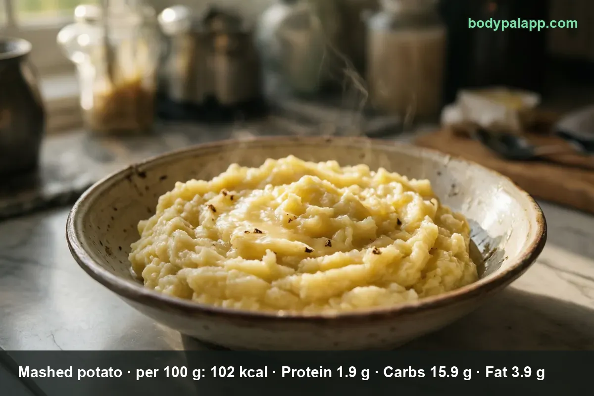 Bowl of creamy mashed potato with a knob of butter - 102 calories per 100 g