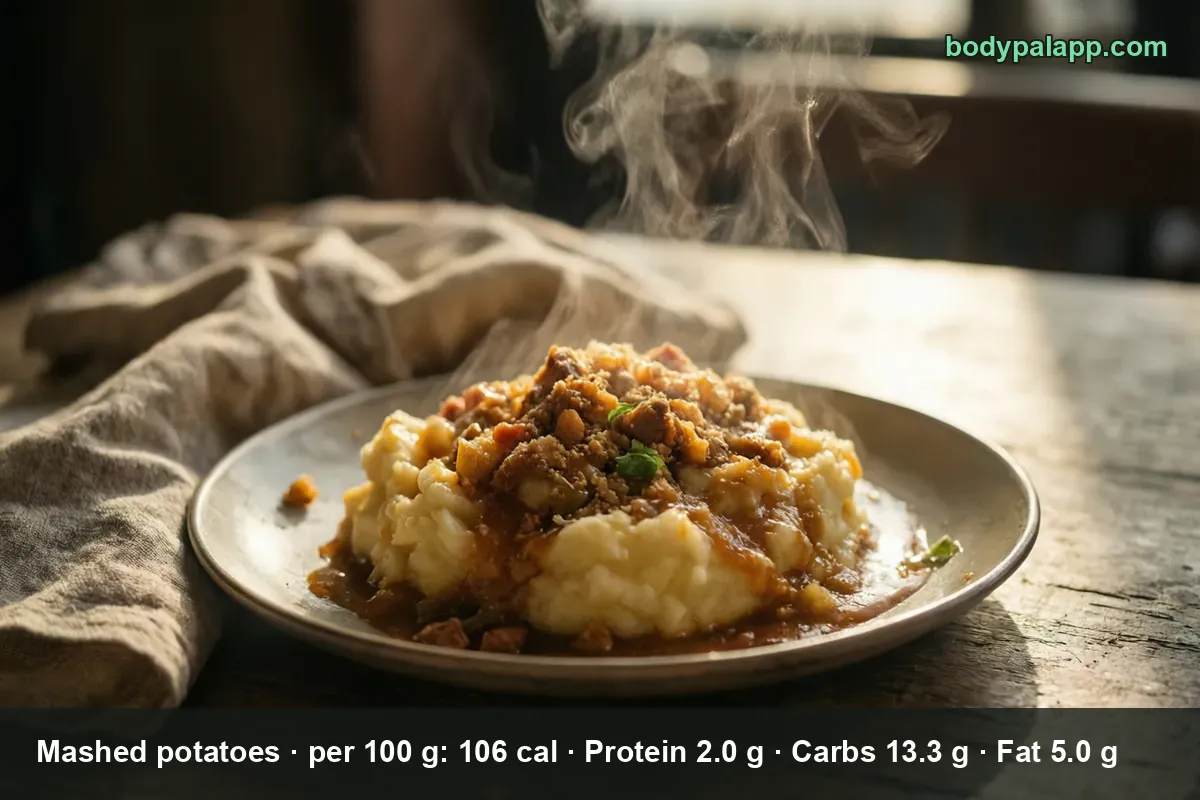 Plate of mashed potatoes topped with brown gravy, cooked meat pieces and crumbs, steaming