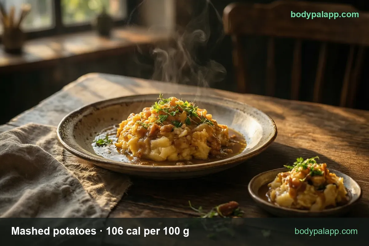 Deep plate of mashed potatoes with gravy, cooked meat and herbs, small bowl in front; 1 cup (229 g) 243 cal, 1/2 cup (115 g) 122 cal