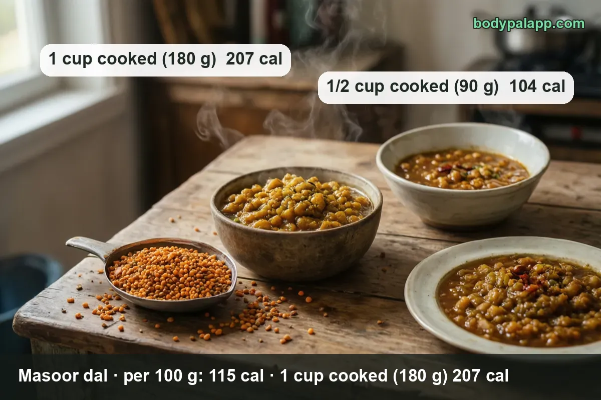 Ladle of raw red lentils, thick cooked dal, thinner dal and a plate of dal with dried chilies; 1 cup 207 cal, 1/2 cup 104 cal.