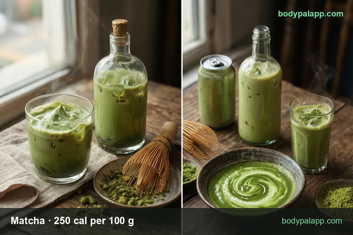 Matcha info collage with two serving labels: 1 tsp (2 g) 5 cal and 1 stick (4 g) 10 cal.