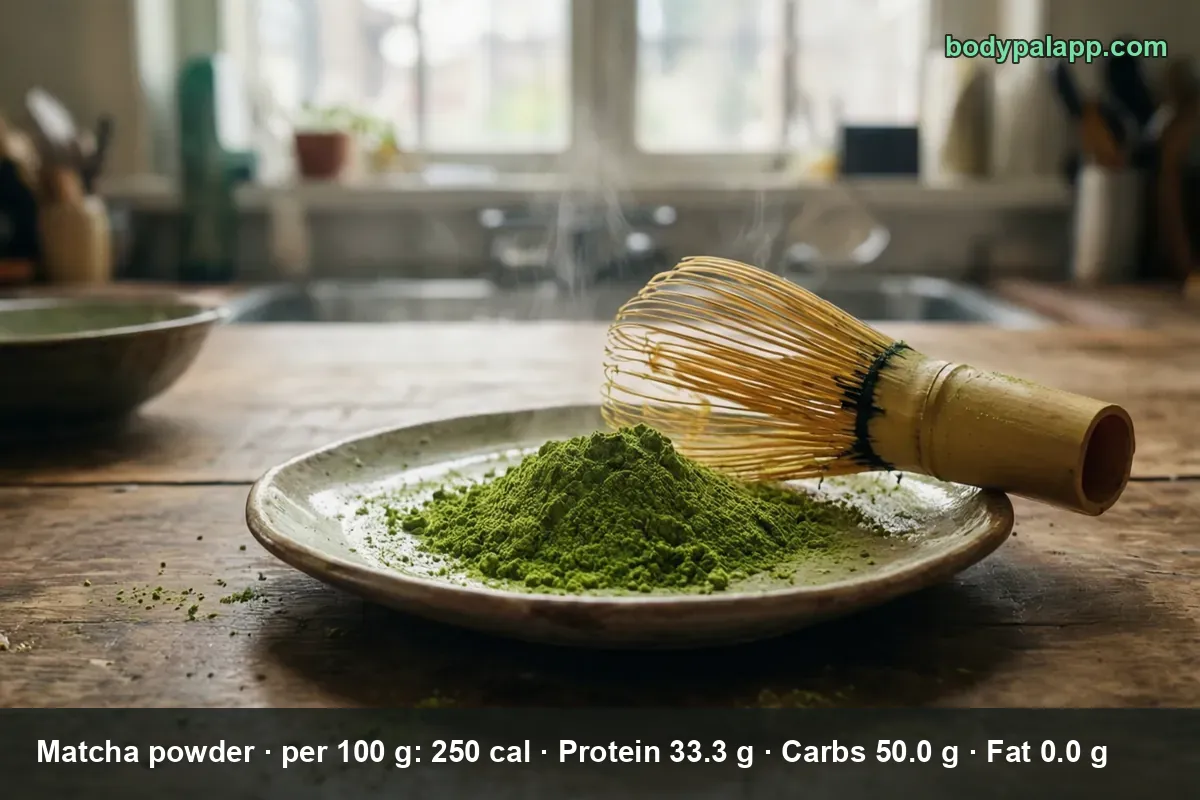 Bright green matcha powder heaped on a plate with a bamboo whisk beside it, steam rising