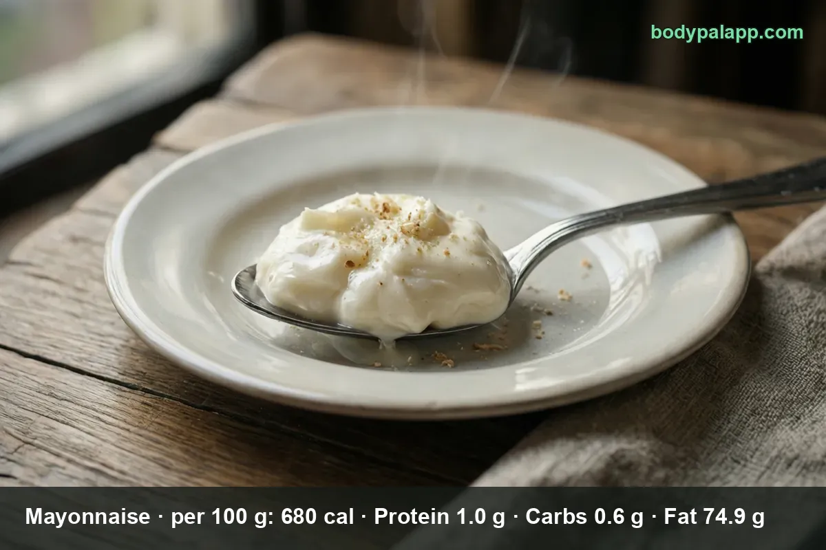 A tablespoon of white mayonnaise held over a plate with crumbs, steam rising from the food below.